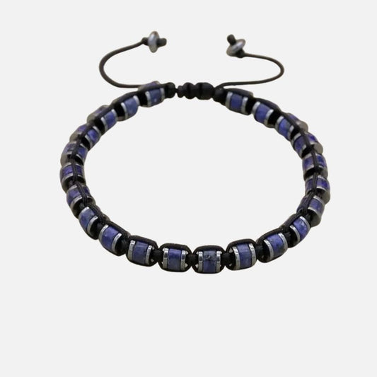 Bracelet Lapis Lazuli Homme Perles Cylindriques Cordon Réglable