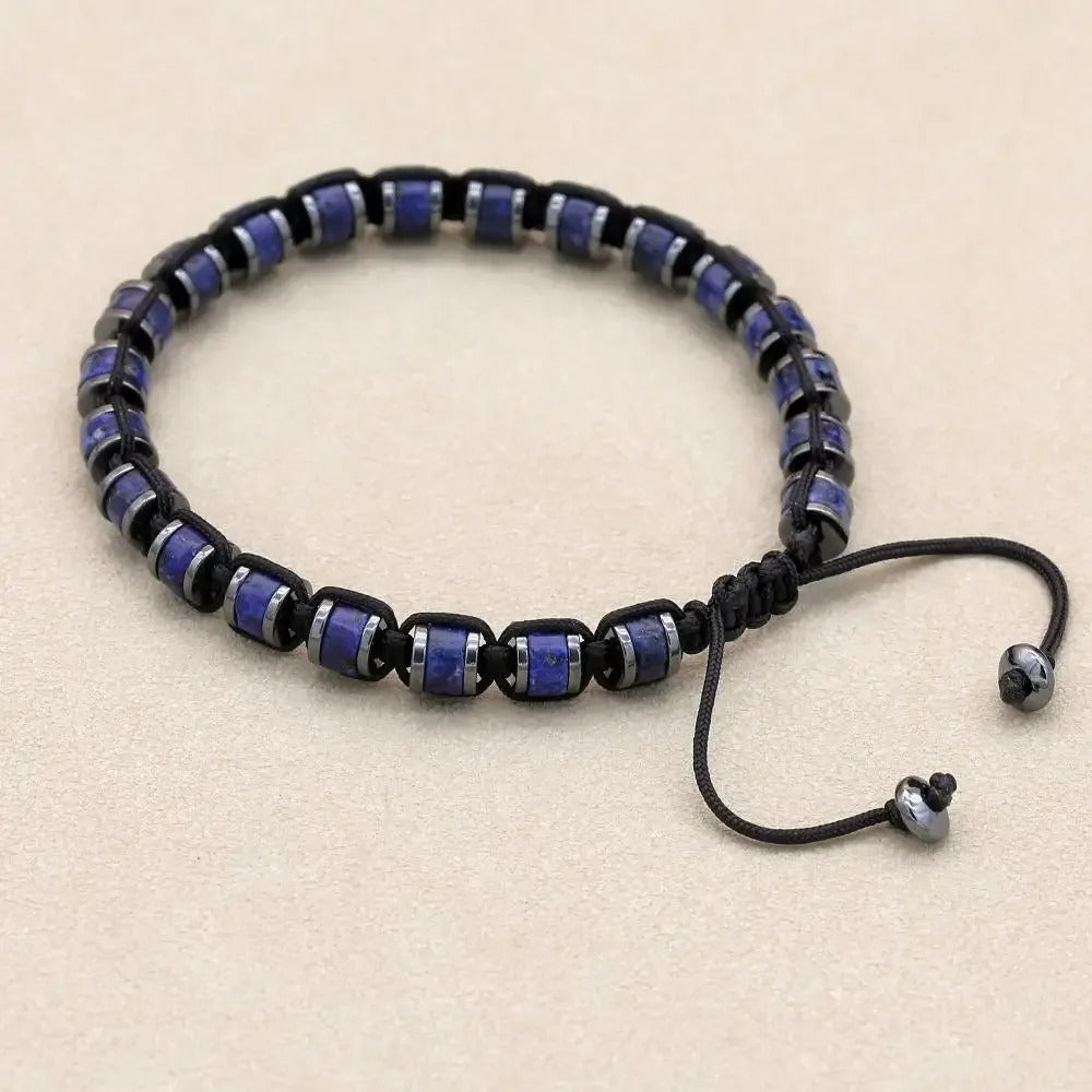 Bracelet Lapis Lazuli Homme Perles Cylindriques Cordon Réglable
