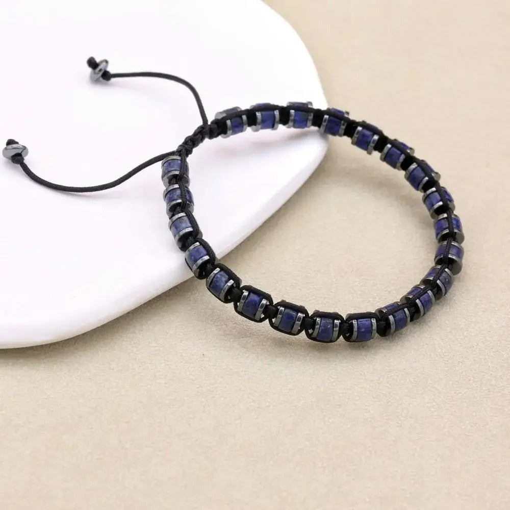 Bracelet Lapis Lazuli Homme Perles Cylindriques Cordon Réglable