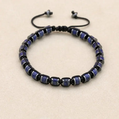 Bracelet Lapis Lazuli Homme Perles Cylindriques Cordon Réglable