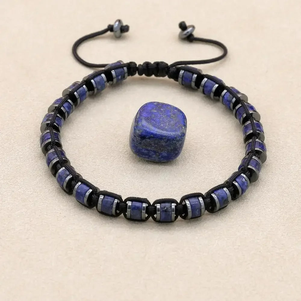 Bracelet Lapis Lazuli Homme Perles Cylindriques Cordon Réglable