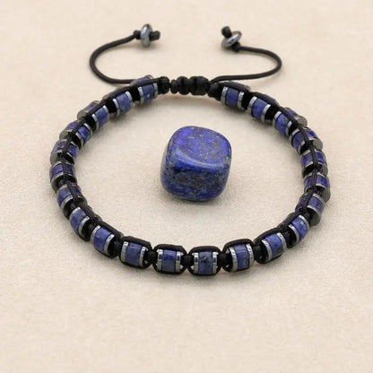 Bracelet Lapis Lazuli Homme Perles Cylindriques Cordon Réglable