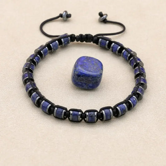 Bracelet Lapis Lazuli Homme Perles Cylindriques Cordon Réglable