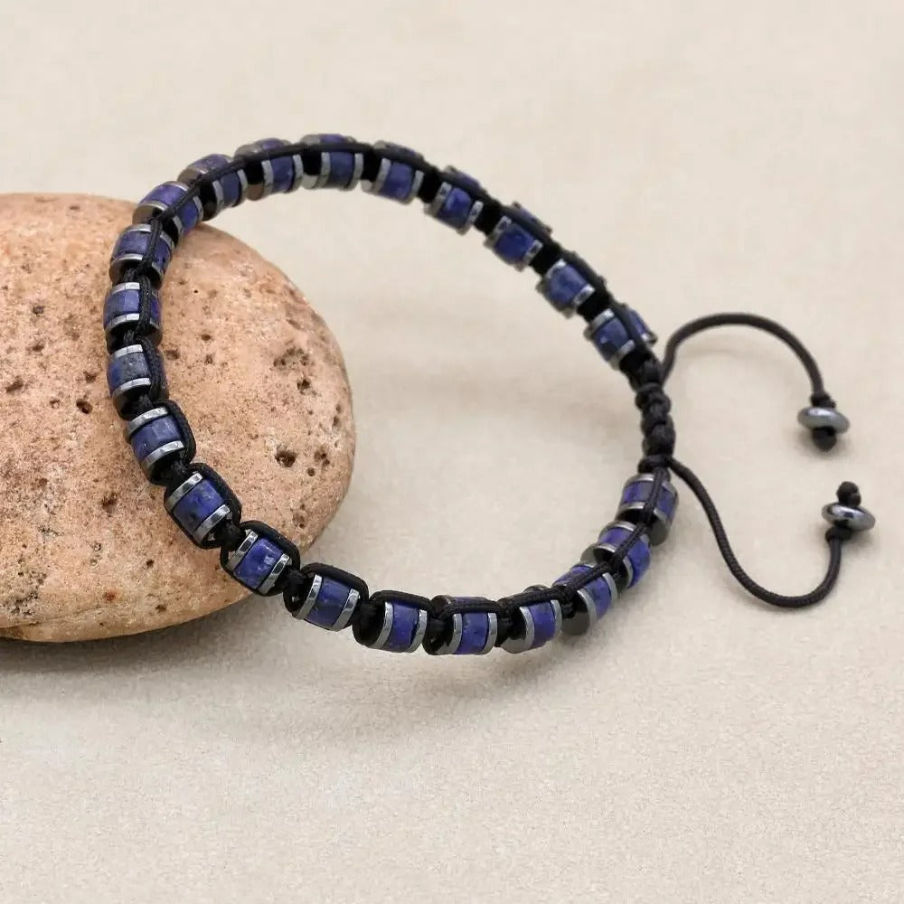 Bracelet Lapis Lazuli Homme Perles Cylindriques Cordon Réglable