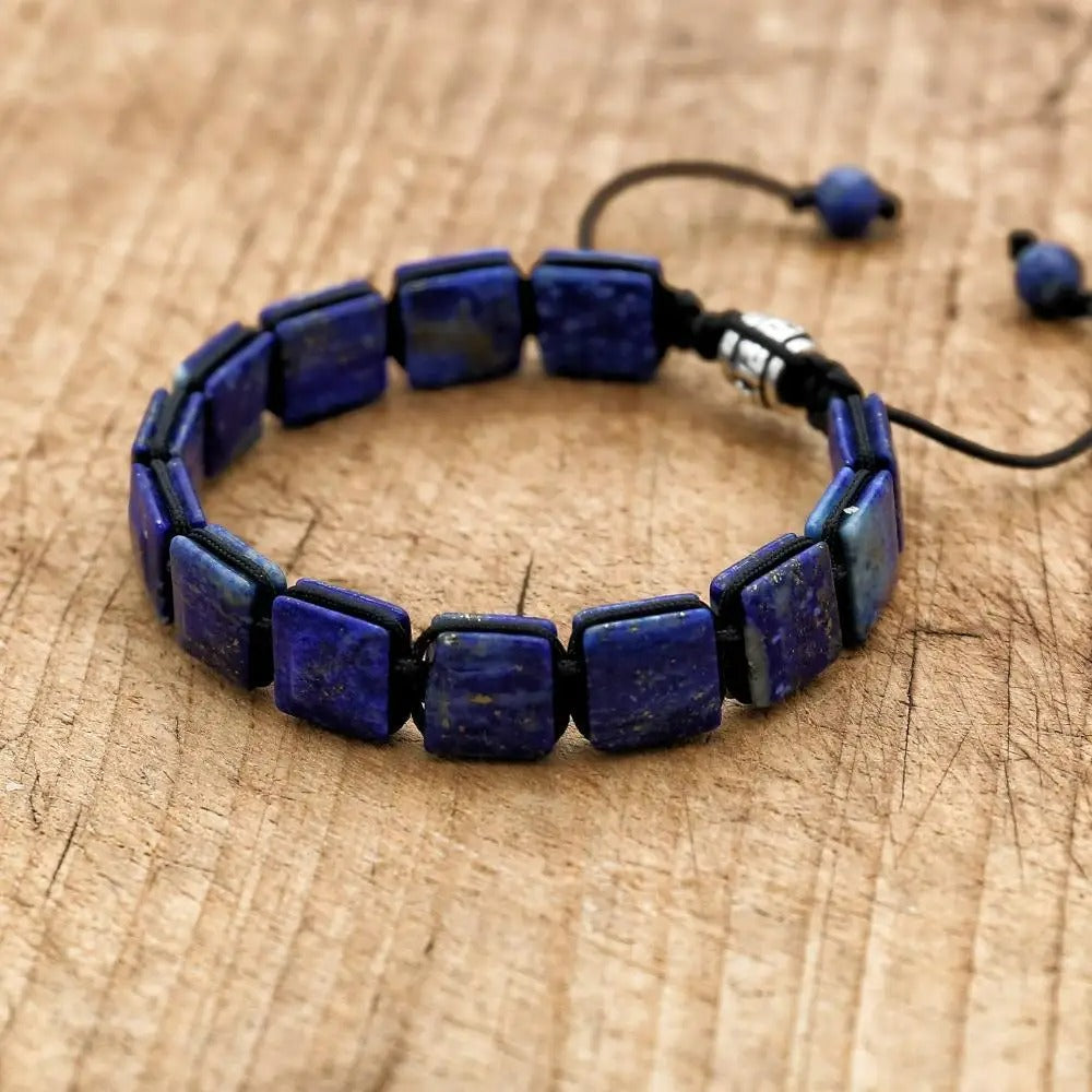 Bracelet Lapis Lazuli Homme Plaquettes Carrées Cordon