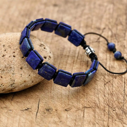 Bracelet Lapis Lazuli Homme Plaquettes Carrées Cordon