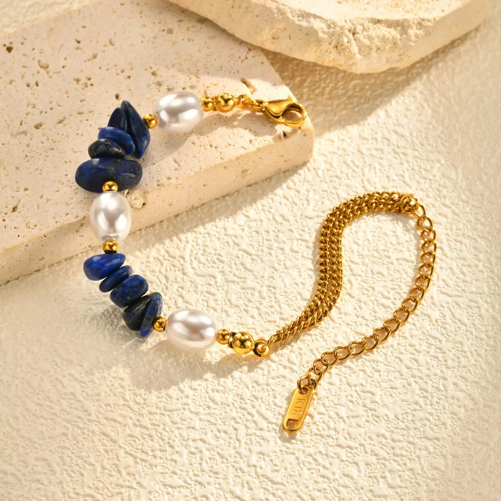 Bracelet Lapis Lazuli Perles Chaîne Dorée - Acier Inoxydable