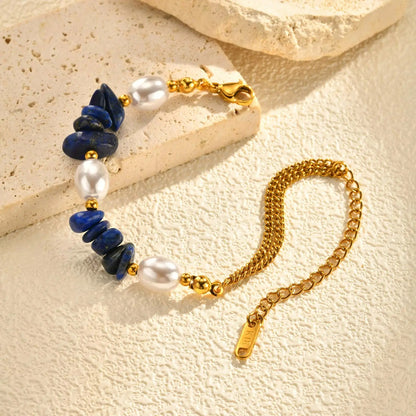 Bracelet Lapis Lazuli Perles Chaîne Dorée - Acier Inoxydable