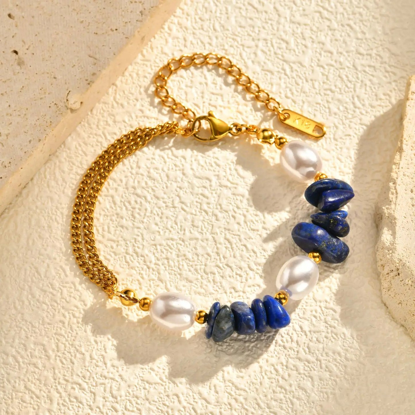 Bracelet Lapis Lazuli Perles Chaîne Dorée - Acier Inoxydable