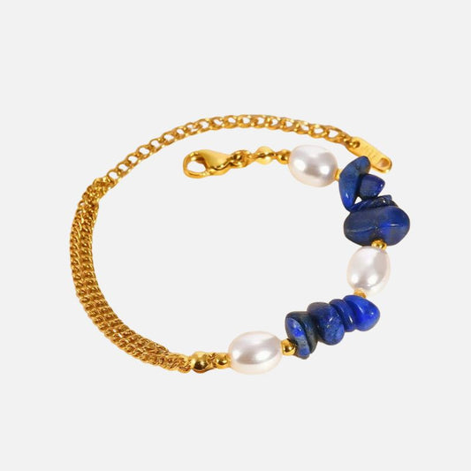 Bracelet Lapis Lazuli Perles Chaîne Dorée - Acier Inoxydable