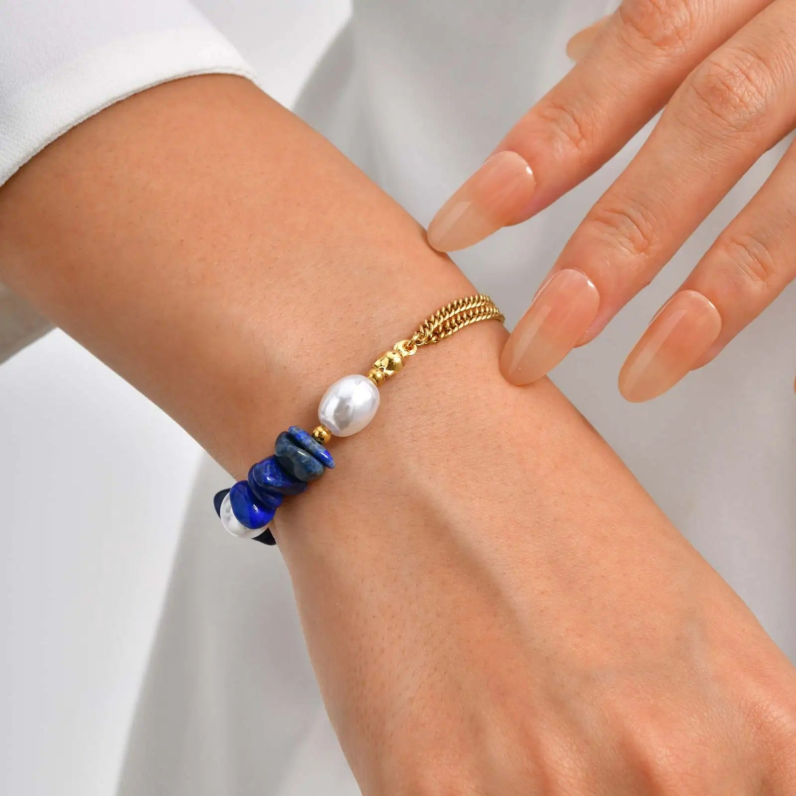 Bracelet Lapis Lazuli Perles Chaîne Dorée - Acier Inoxydable