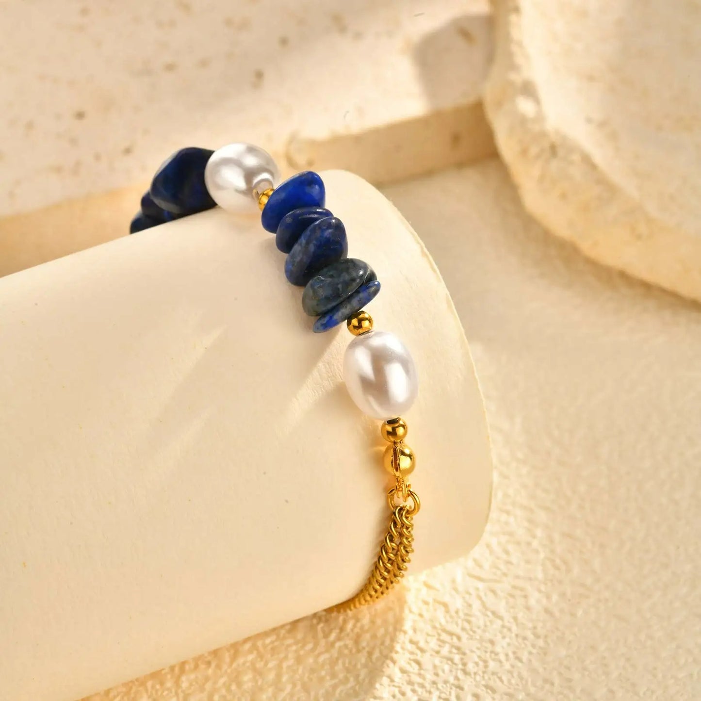 Bracelet Lapis Lazuli Perles Chaîne Dorée - Acier Inoxydable