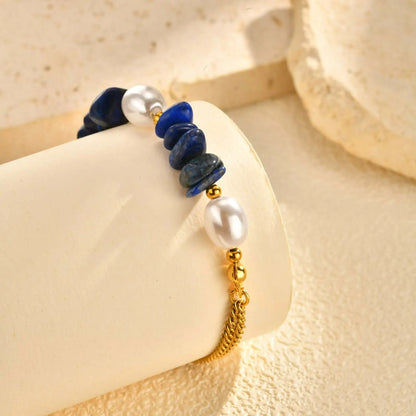 Bracelet Lapis Lazuli Perles Chaîne Dorée - Acier Inoxydable