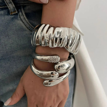 Bracelet Large Femme Argenté Sculptural – Lot de 3