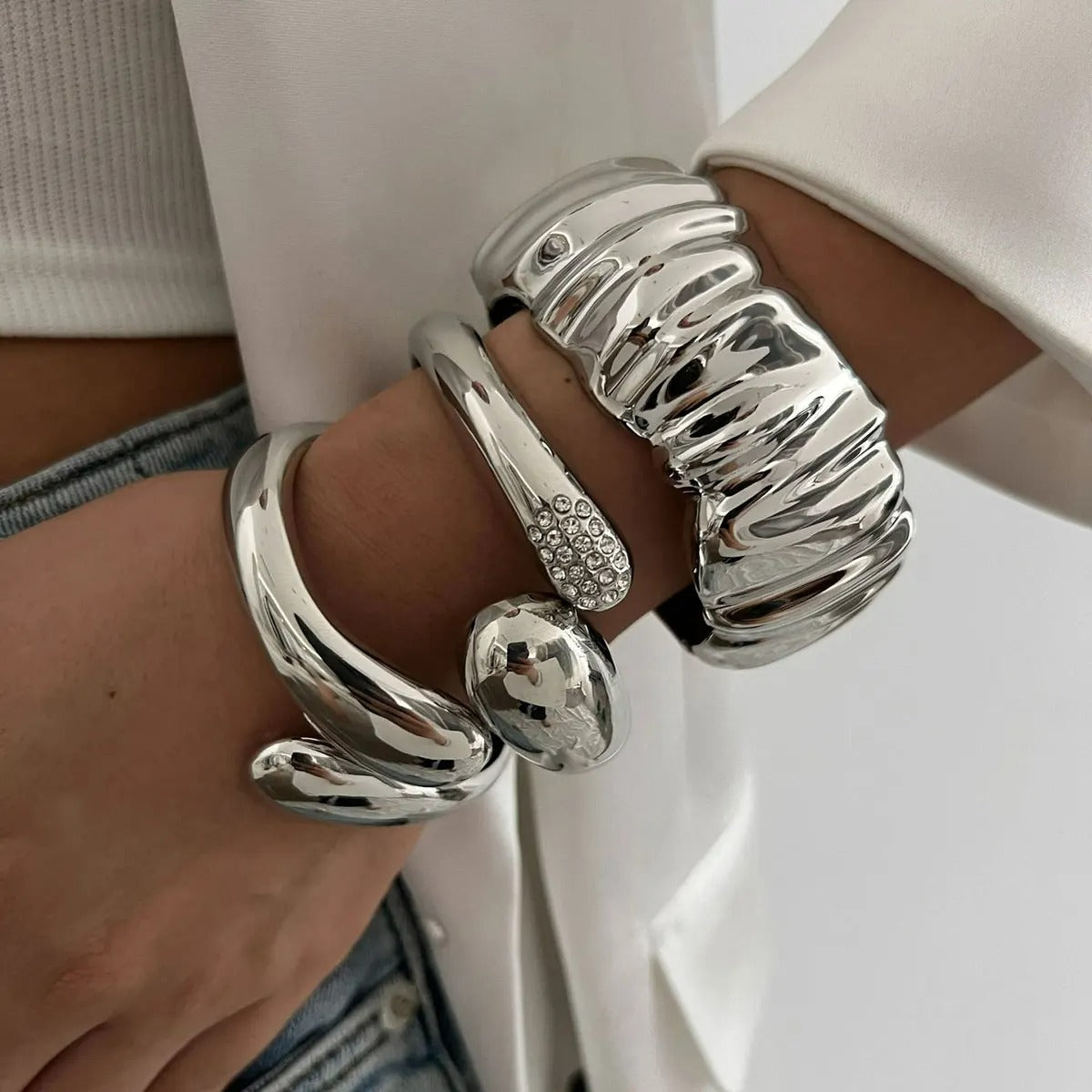 Bracelet Large Femme Argenté Sculptural – Lot de 3