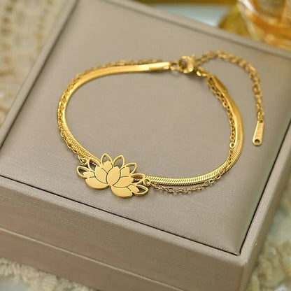 Bracelet Lotus Femme Double Chaîne Acier Inoxydable