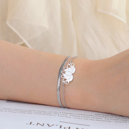 Bracelet Lotus Femme Double Chaîne Acier Inoxydable