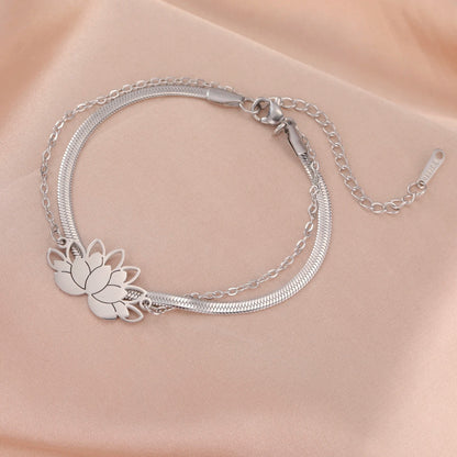 Bracelet Lotus Femme Double Chaîne Acier Inoxydable