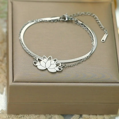 Bracelet Lotus Femme Double Chaîne Acier Inoxydable