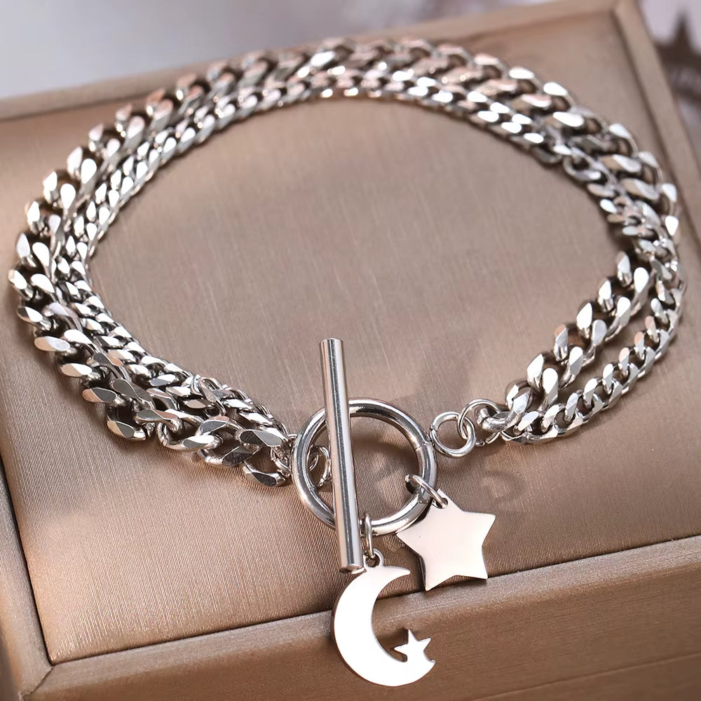 Bracelet Lune Maille Epaisse en Acier Inoxydable
