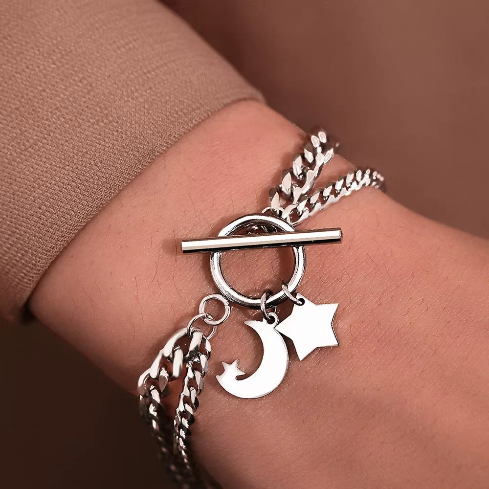Bracelet Lune Maille Epaisse en Acier Inoxydable