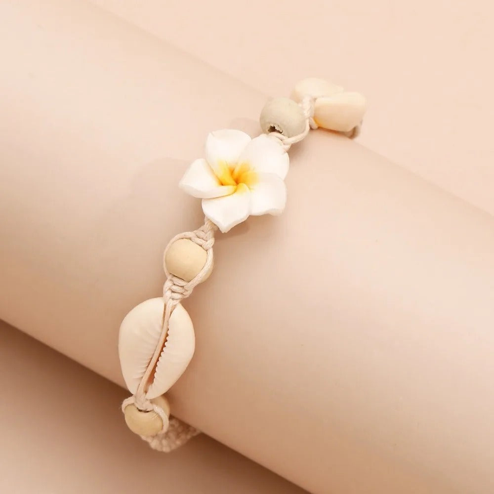 Bracelet Macramé Fleur Frangipanier Coquillages