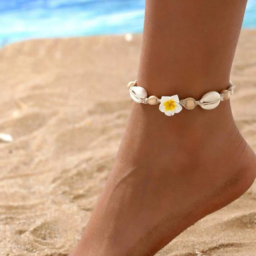 Bracelet Macramé Fleur Frangipanier Coquillages