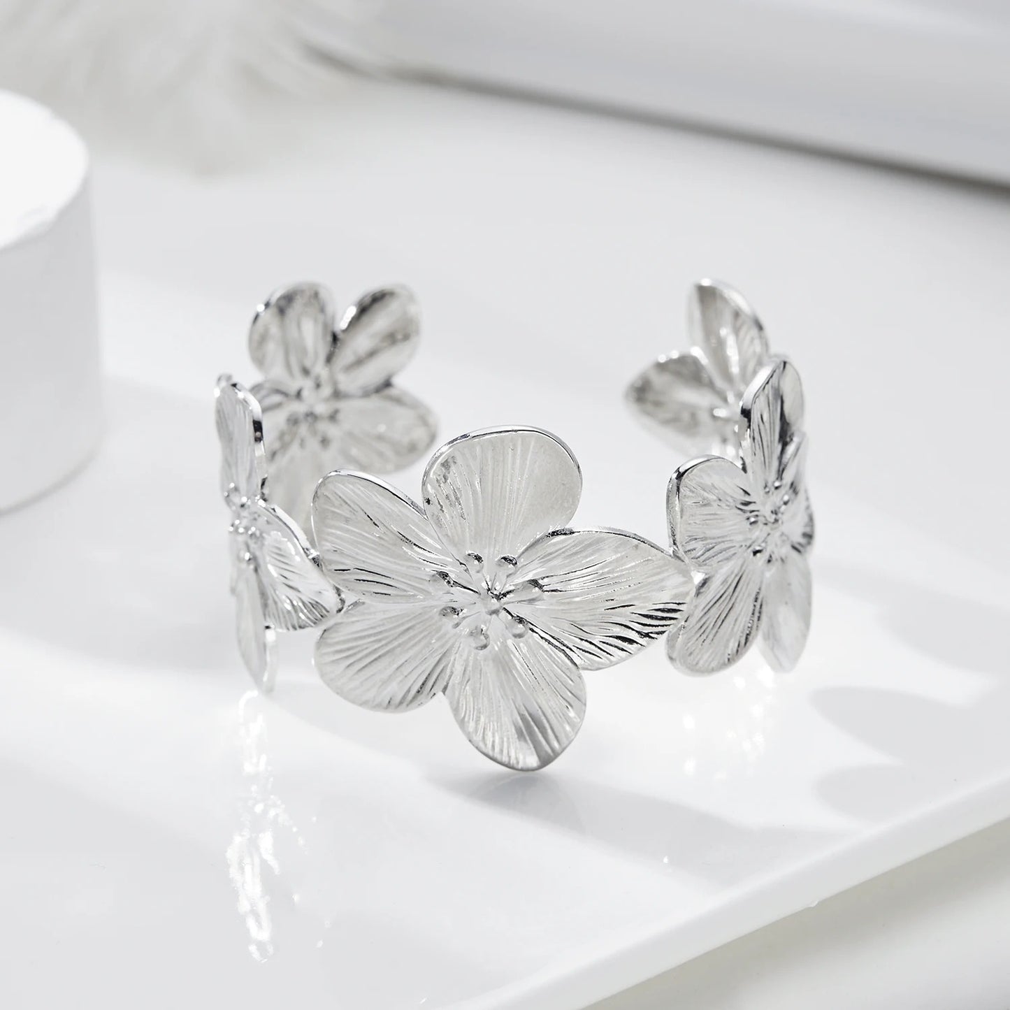 Bracelet Manchette Femme Floral Acier Inoxydable