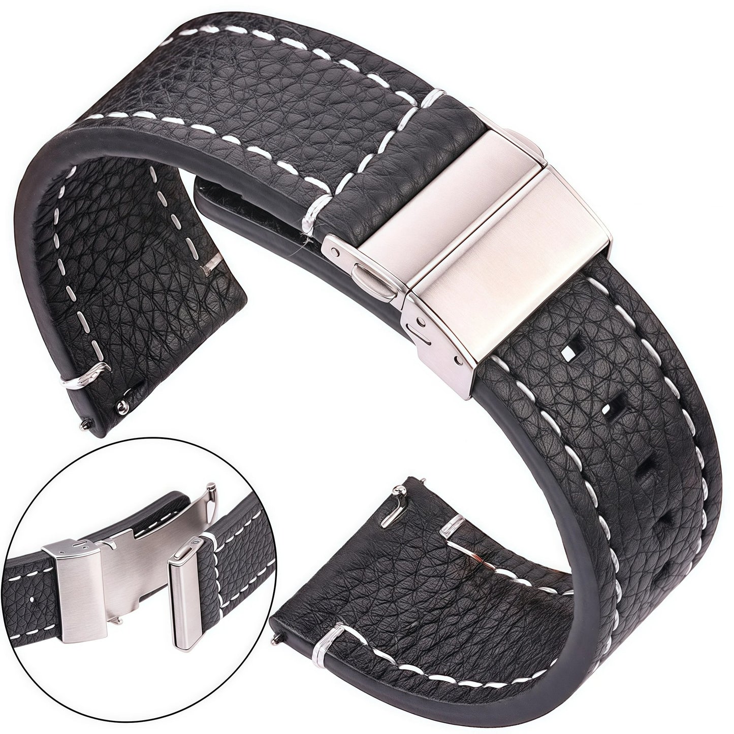 Bracelet Montre Cuir Homme Grainé Surpiqûre Blanche