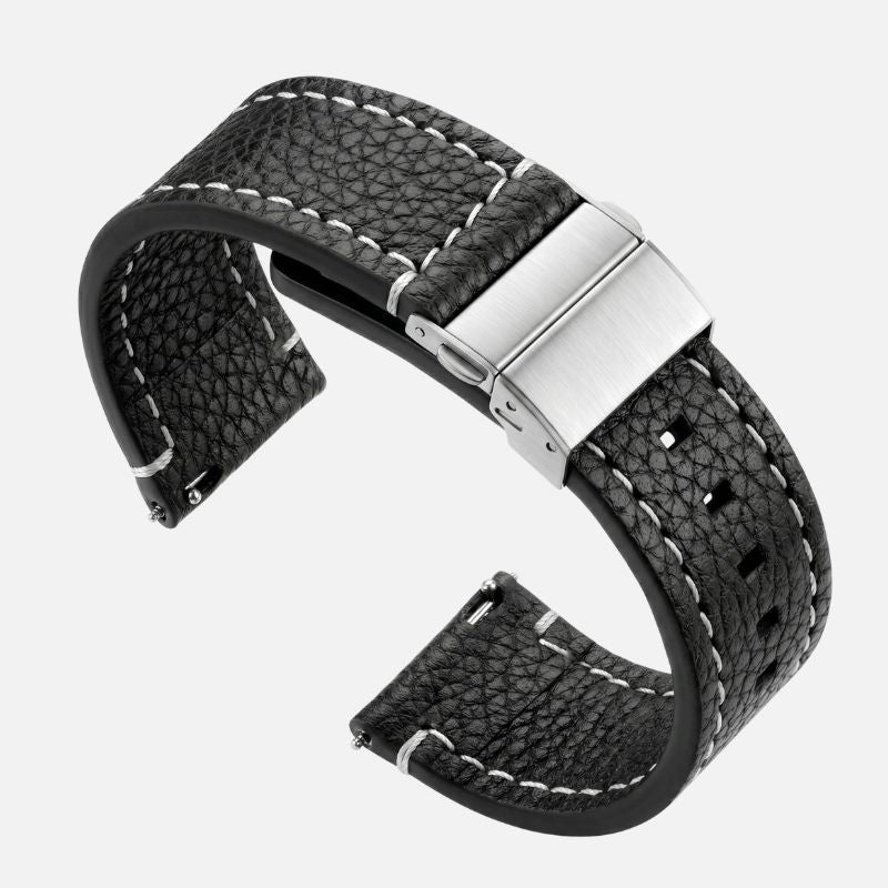 Bracelet Montre Cuir Homme Grainé Surpiqûre Blanche