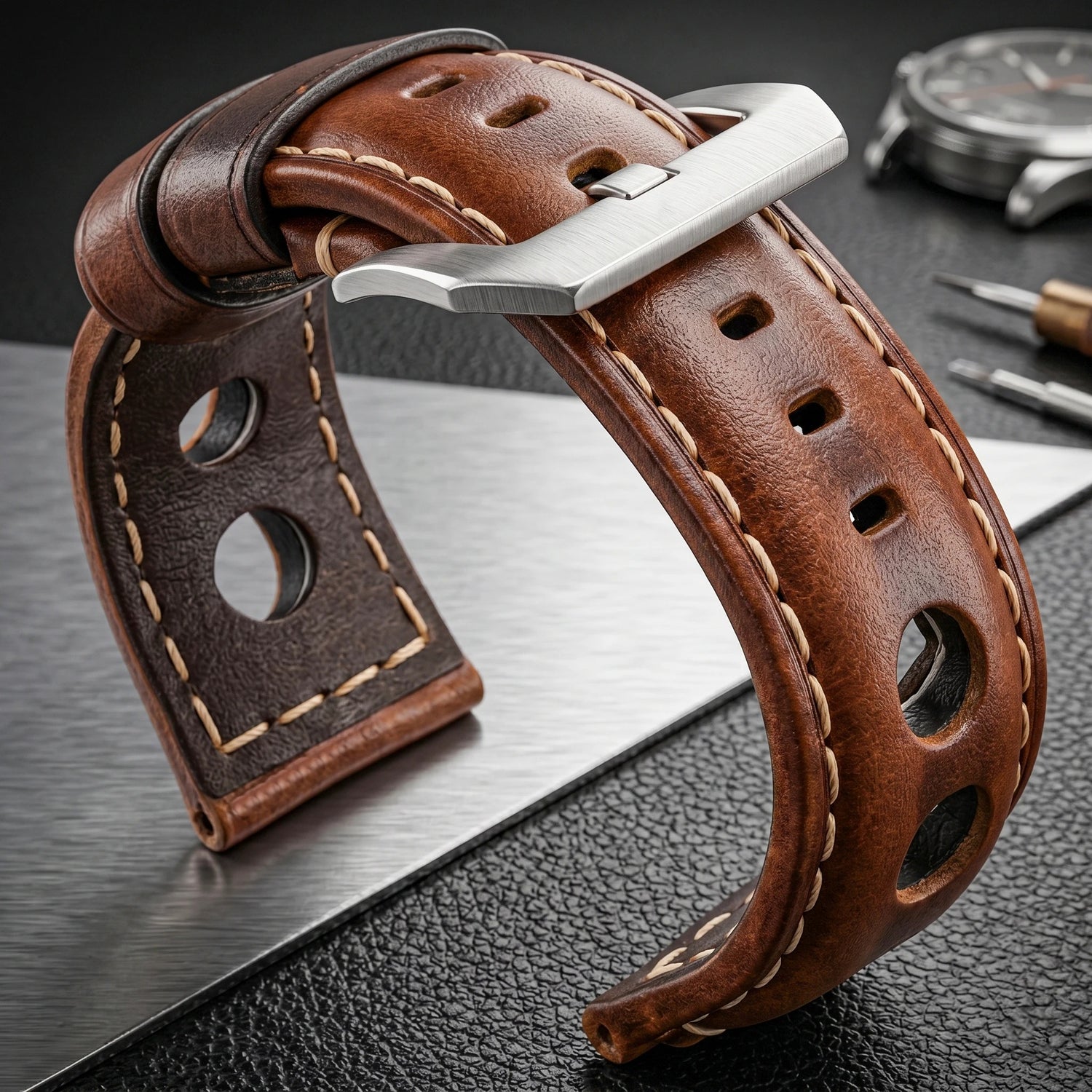 Bracelet Montre Cuir Homme Marron Trois Perforations - Acier Inoxydable