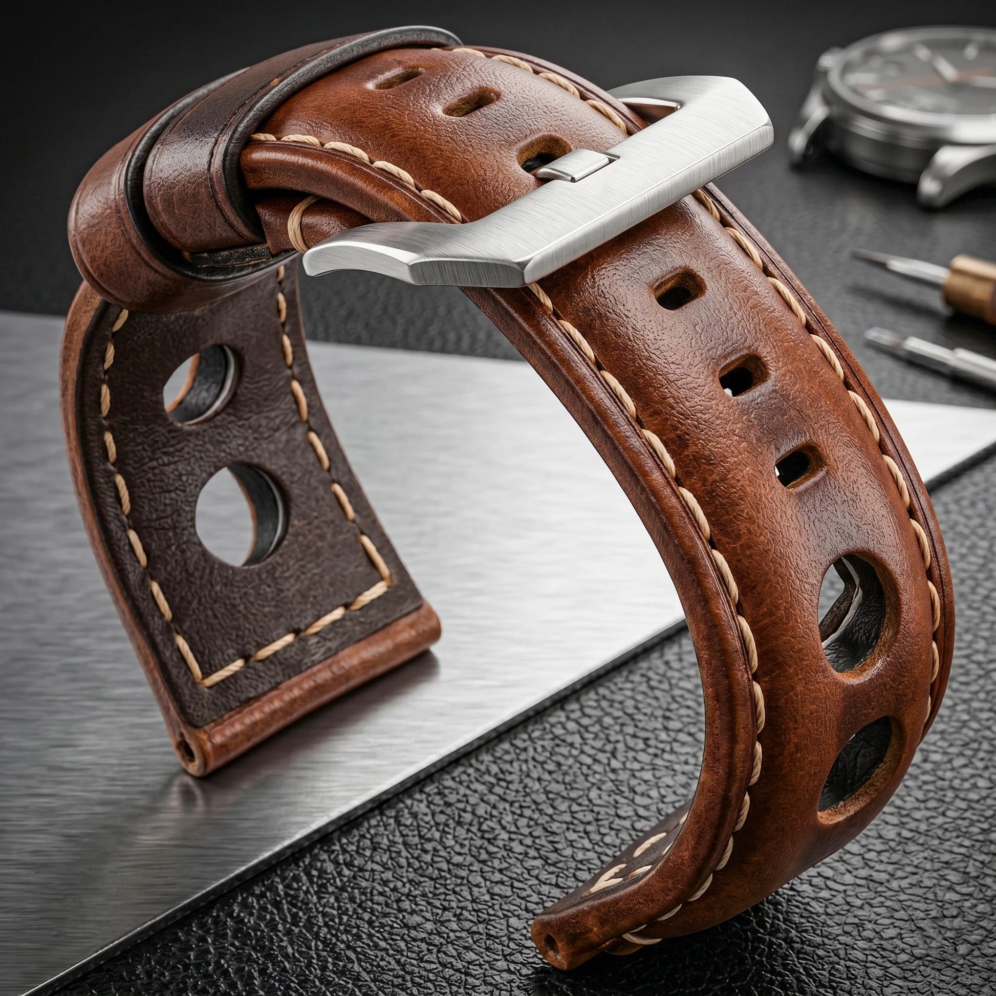 Bracelet Montre Cuir Homme Marron Trois Perforations - Acier Inoxydable