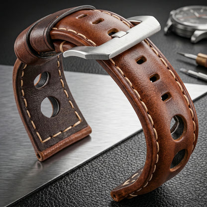 Bracelet Montre Cuir Homme Marron Trois Perforations - Acier Inoxydable