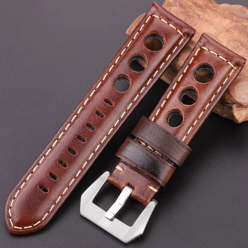 Bracelet Montre Cuir Homme Marron Trois Perforations - Acier Inoxydable