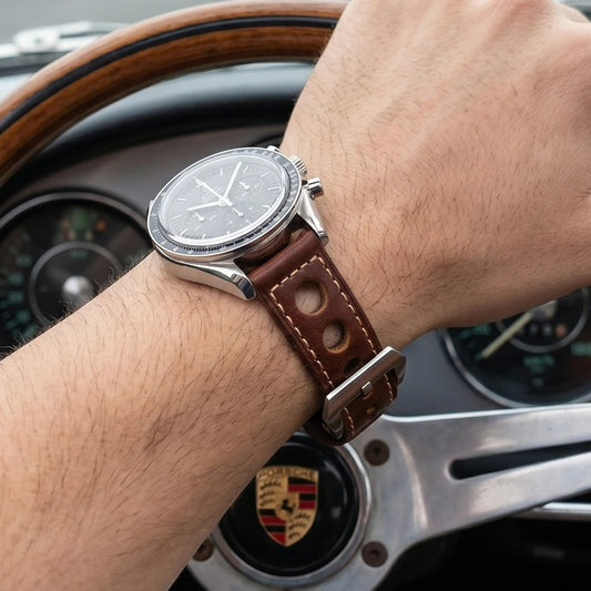 Bracelet Montre Cuir Homme Marron Trois Perforations - Acier Inoxydable