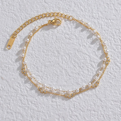 Bracelet Perle Blanche Double Chaîne - Acier inoxydable