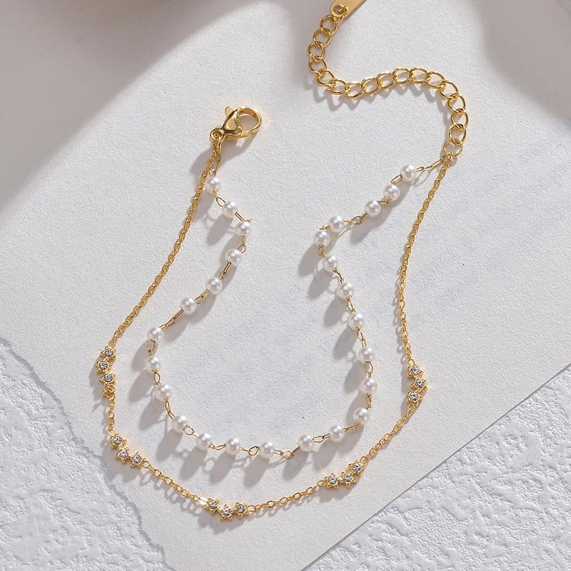 Bracelet Perle Blanche Double Chaîne - Acier inoxydable