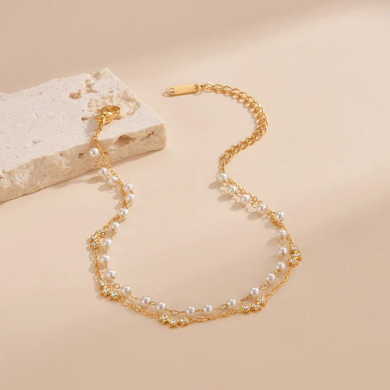 Bracelet Perle Blanche Double Chaîne - Acier inoxydable