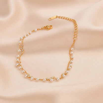 Bracelet Perle Blanche Double Chaîne - Acier inoxydable