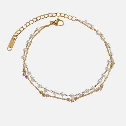 Bracelet Perle Blanche Double Chaîne - Acier inoxydable