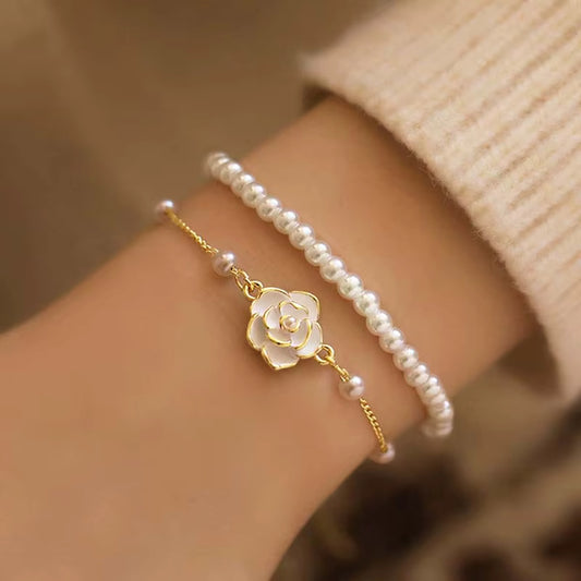 Bracelet Perle Blanche avec Fleur