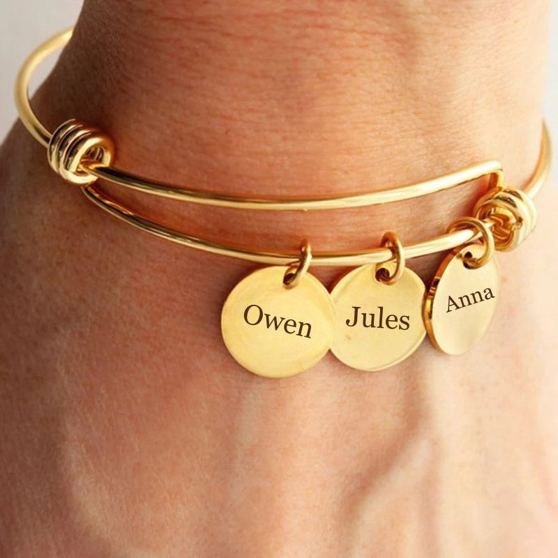 Bracelet Personnalisé Jonc Ajustable - 1 à 4 médaillons à Graver au Choix