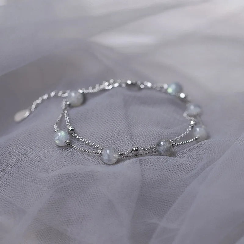 Bracelet Pierre de Lune Double Chaine Argentée