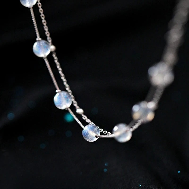 Bracelet Pierre de Lune Double Chaine Argentée