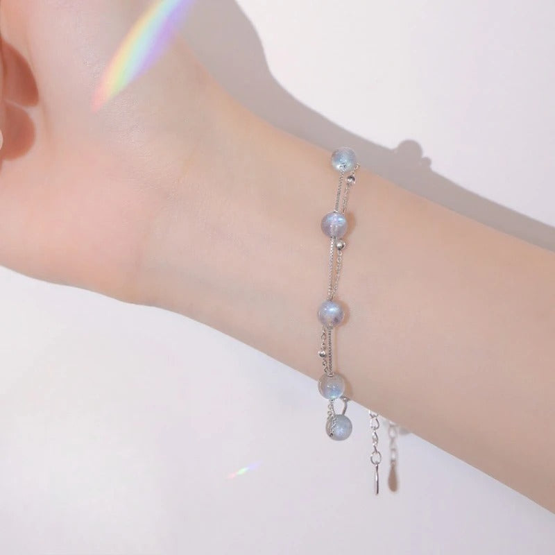 Bracelet Pierre de Lune Double Chaine Argentée