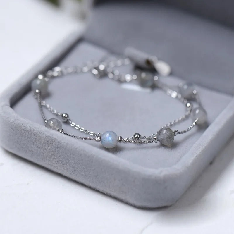 Bracelet Pierre de Lune Double Chaine Argentée