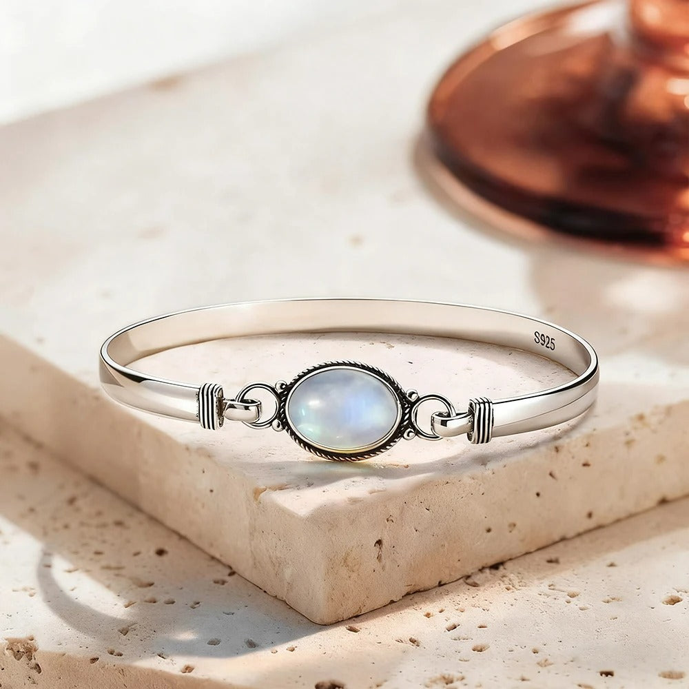 Bracelet Pierre de Lune Jonc Argent Ovale