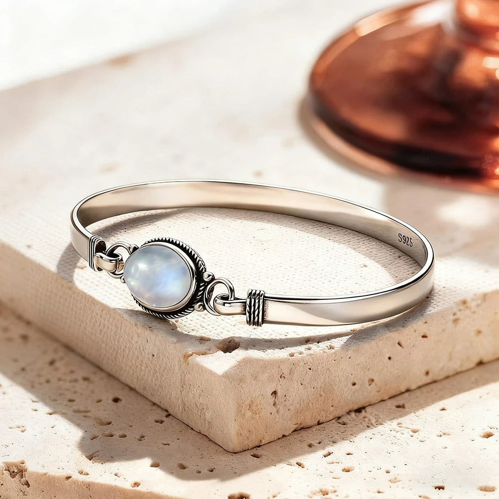 Bracelet Pierre de Lune Jonc Argent Ovale