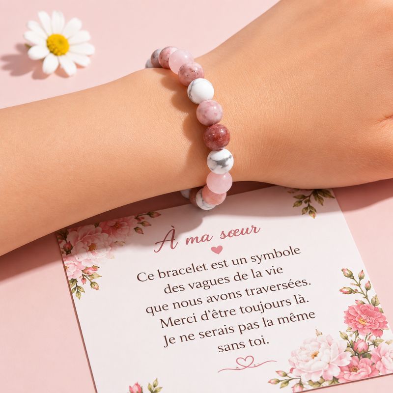 Bracelet Sœur Pierres Naturelles Quartz Rose Et Howlite