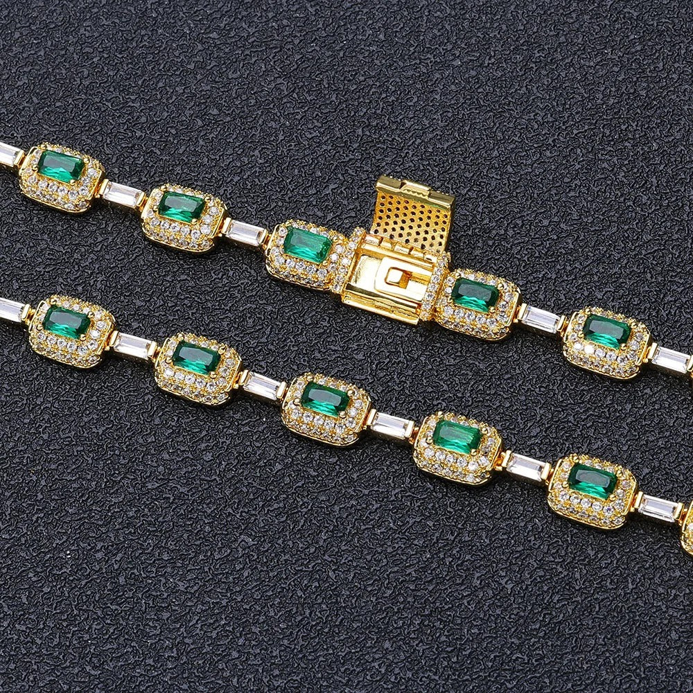 Bracelet Tennis Homme Doré Pierre Verte - Zircon Et Cuivre